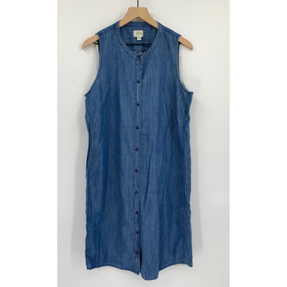 J Crew Denim Dress Womens Large TALL Blue Sleeveless Button Front Chambray